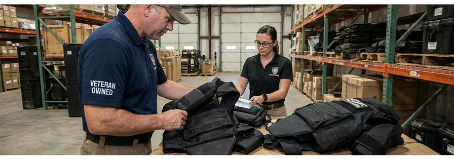 Fracture Group team members inspecting protective vests in a distribution warehouse.