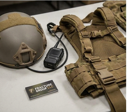 Tactical helmet, plate carrier, and radio staged next to a Fracture Group LLC business card.