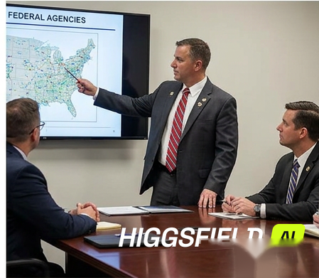 Fracture Group leadership briefing partners on federal agency service areas using a regional map.