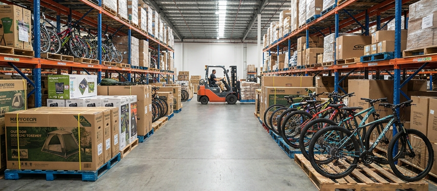 Warehouse racking stocked with outdoor tents, camping gear, and bicycles alongside a forklift.