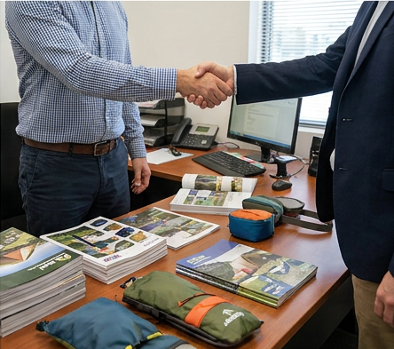 Two business partners shaking hands over a table of product catalogs and samples.