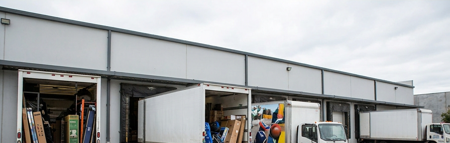 Loading dock with trucks being staged for outbound shipments.