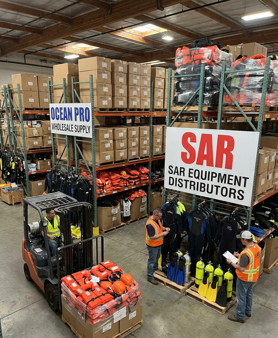 Warehouse shelving stocked with dive and search-and-rescue equipment including life vests and wetsuits.